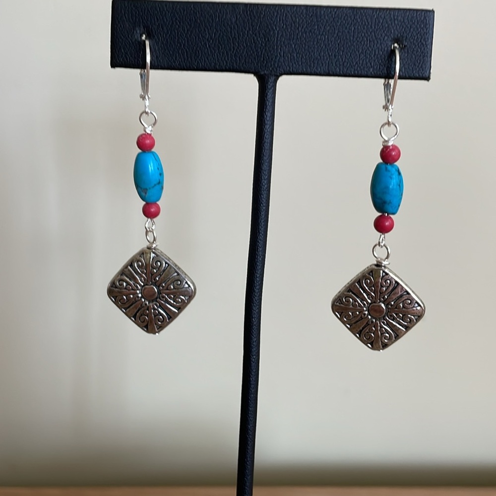 HAND CRAFTED EARRINGS with Turquoise, Red and Silver